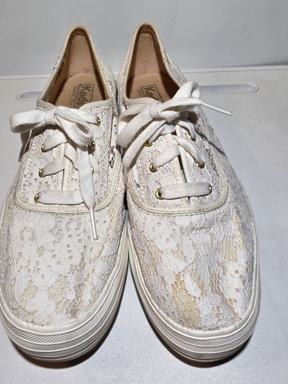Keds Women's Lace-Overlay Sneakers in Cream with Gold Eyelets